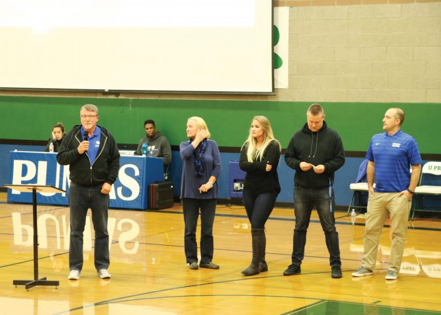 The Sanford family speaks at a University Prep Varsity Girls basketball game after the death of Raija Sanford. Pat Sanford, Raija’s father, introduced Live Like Raija, an organization that strives to provide student athletes with the same immersion opportunities Raija recieved in her life.