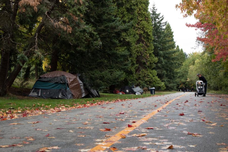 Dozens of tents lie between lower Woodland Park and Green Lake Way.