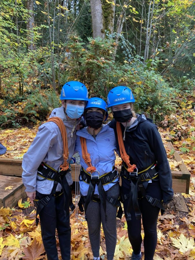 Members of the Queer Student Union (QSU), Claire Crawford, Talia Levine and Coleman Hunter go on a ropes course with Bellevue Zip Tours. QSU partnered with the Global Programs & Outdoor Education office to create an ECHO adventure for their affinity group. 