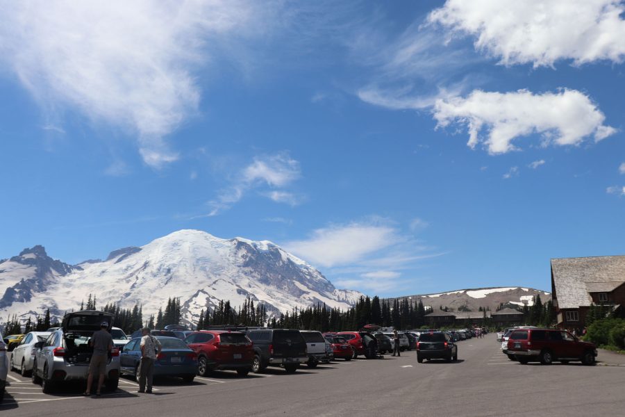 Cars fill a busy parking lot at Mount Rainier National Park.