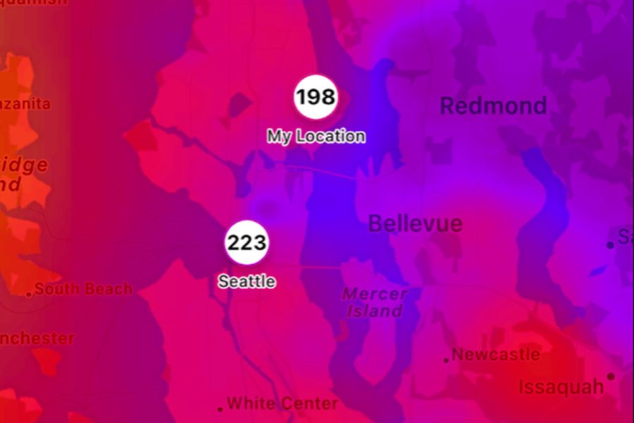 A screenshot of the weather app from October 20, 2022. This screenshot illustrates the dangerous air quality level of 198 at University Prep and 223 for the general Seattle area. 