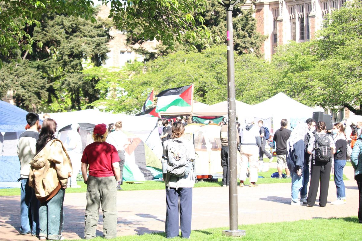 Protestors gather at the quad at the University of Washington