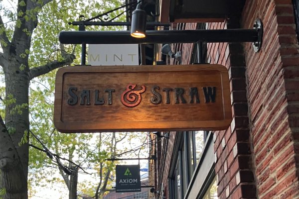 The old-style Salt & Straw sign showcased outside of their Ballard location.
