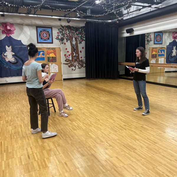 Senior Aida Richey rehearses scenes after school with senior Hana Hyde and junior Cate Fitzgerald.