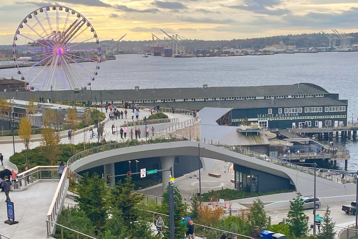 The view of Seattle’s waterfront from the highest point of the Overlook Walk. “The viaduct came down in 2019...and here we are in 2024,” Angela Brady, director of the office of the waterfront and civic projects for the City of Seattle said. “I think what’s really special is being able to create a waterfront for all, being able to create an inclusive, inviting waterfront that stewards the environment, that is more green and more beautiful, so people can come down and enjoy it and experience it in all its glory.”