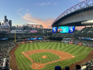 A view of the field at T-Mobile Park from behind home plate. 