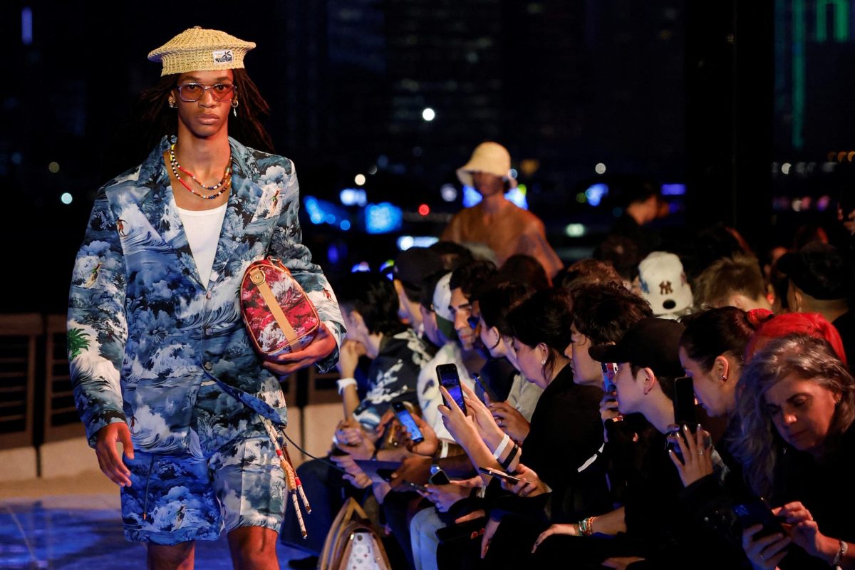 A model presents a creation designed by Musician Pharrell Williams for fashion house Louis Vuitton during its Men's Pre-Fall 2024 Fashion Show, in Hong Kong, China November 30, 2023. REUTERS/Tyrone Siu