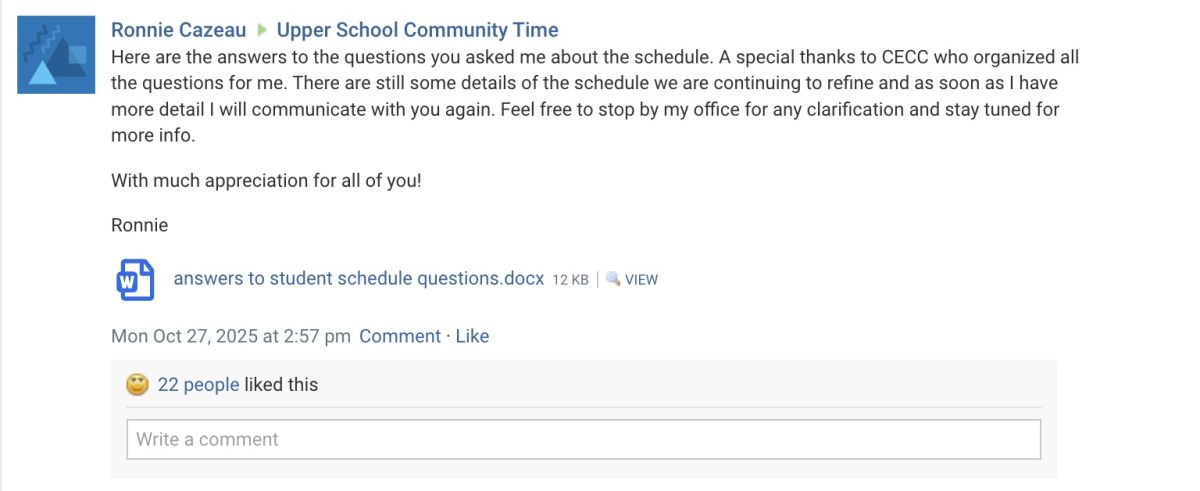 Ronnie Codrington-Cazeau's Schoology post regarding the 2025-2026 schedule change.