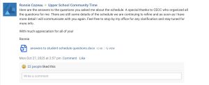 Ronnie Codrington-Cazeau's Schoology post regarding the 2025-2026 schedule change.