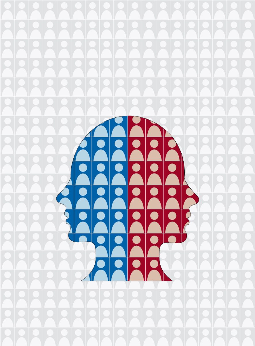 Two side profiles lay over a set of anonymous icons represent the privacy of individual's political views, depicting the school and nation-wide political divide.