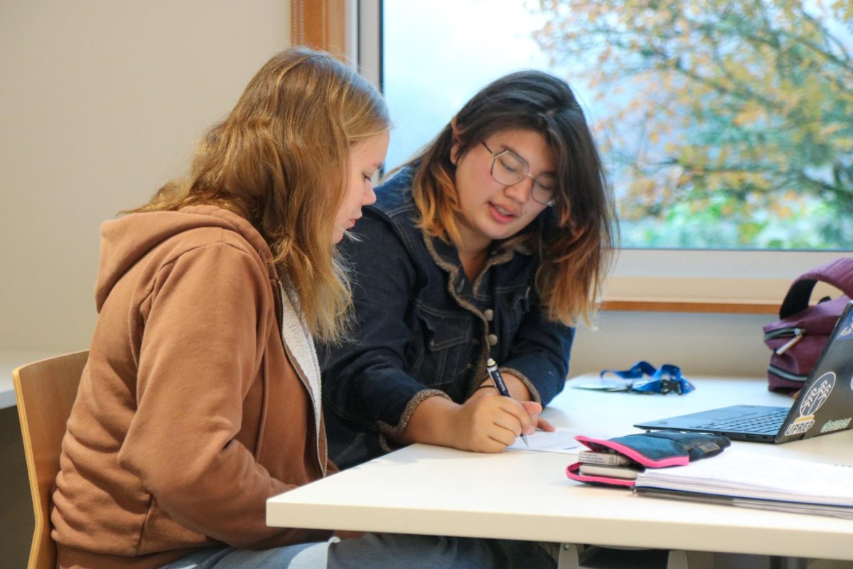 Math and Science teacher, Kala Terselic helps senior, Sylvie Haas. Terselic is the faculty advisor for Math Center and works alongside the Math Helpers to provide support for students. 