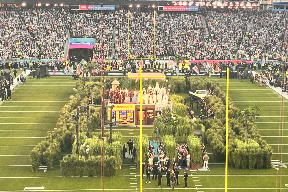 Bad Bunny performs at the Super Bowl Halftime Show.