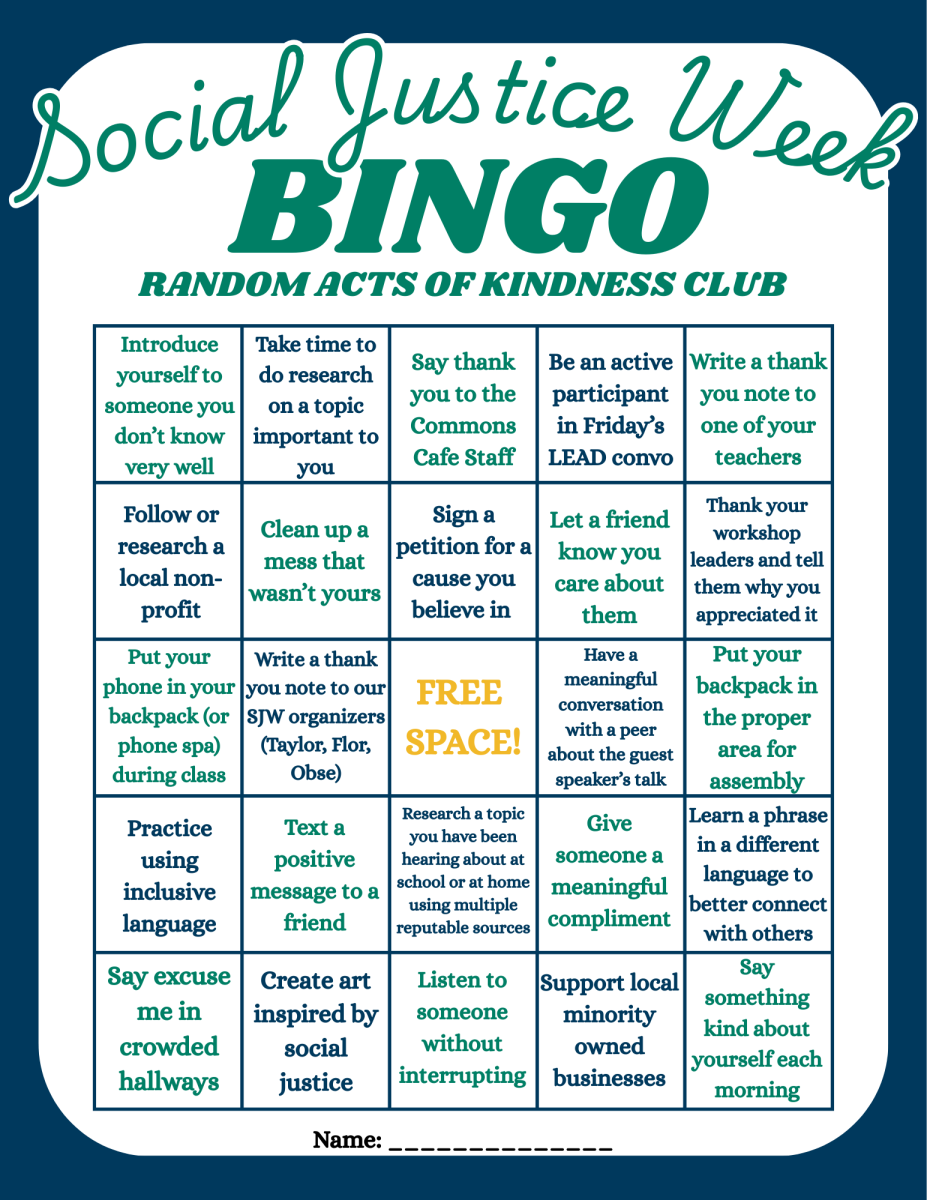 Photo of the Social Justice Week Bingo game, created by the Random Acts of Kindness club.