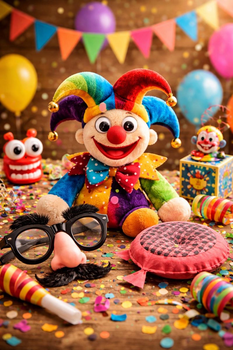 A photo illustration of April Fools Day themed items such as clowns, Whoopi cushions, and funny glasses. 